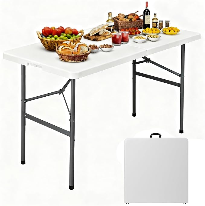 ZenStyle 4 ft Indoor Outdoor Heavy Duty Plastic Folding Table Portable Picnic Table Fold-in-Half Utility Table w/Handle and Steel Legs for Camping, Dining, Party, White