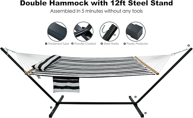 2 Person Hammock with Stand for Outside, Heavy Duty Steel Stand, Double 55inch Hammocks, Large Removable Pillow, Storage Bags, Max 475 lbs Capacity (Stripe Black-White)