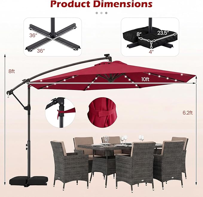 Tangkula 10ft Solar Patio Umbrella with Base Included, Offset Cantilever Outdoor Umbrella with 32 LED Lights, 360 Degree Rotation, Crank Handle for Pool Deck Garden Backyard (Wine)