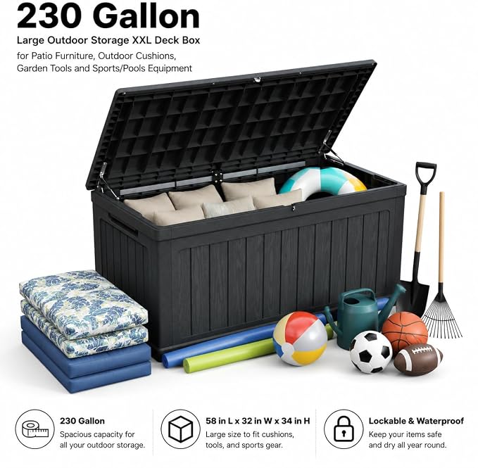 180 Gallon Large Outdoor Storage XXL Deck Box for Patio Furniture, Outdoor Cushions, Garden Tools and Sports/Pools Equipment, Waterproof Resin, Lockable, Black (Black + Plastic)