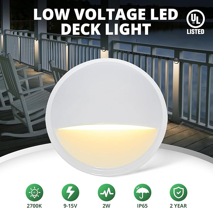 GKOLED Low Voltage LED Deck Light, Landscape Step Stair Railing Lights with 2W Integrated LED Chips, Die-cast Aluminum 12V AC/DC Accent Lighting Fixtures with White Powder Coated Finish, Pack of 4