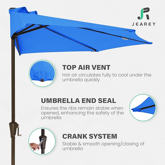 JEAREY 9ft Half Umbrella Outdoor Patio Umbrella Market Umbrellas with Crank, 1/2 Round Wall Umbrella 5 Sturdy Ribs UV Protection for Pool Garden Balcony Deck, Royal Blue