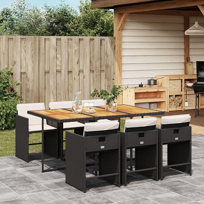 7 Piece Patio Dining Set with Cushions Black Poly Rattan Outdoor Rattan Furniture Table and 6 Chairs with Foldable Backrest and Acacia Wood Tabletop for Garden Backyard Dining, Cream White Cushions