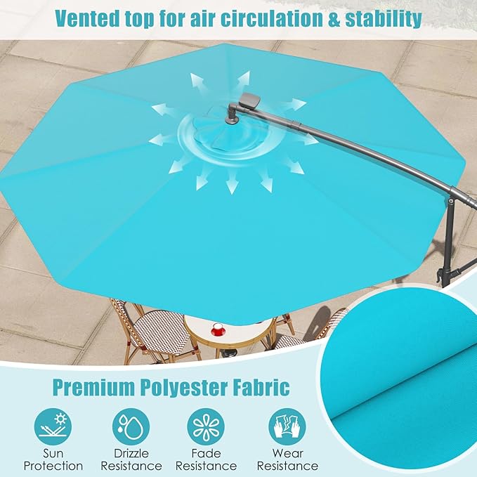 Tangkula 10 Ft Patio Offset Umbrella, 40 LED Lighted Market Umbrella W/8 Sturdy Ribs, Easy Tilt Adjustment & Crank, Polyester Shade, Ideal for Backyard, Garden, Seaside, Store, Pool (Turquoise)
