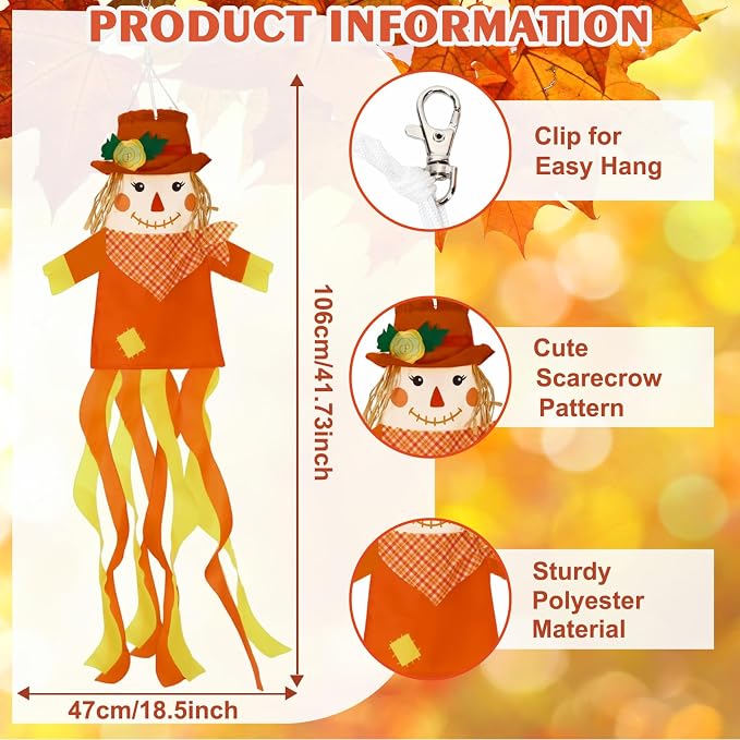 NOVWANG 2 Pcs Fall Scarecrows Windsocks, 40 Inch Outdoor Autumn Wind Sock Thanksgiving Hanging Scarecrow Decorations for Garden Patio Party Home Yard Decor