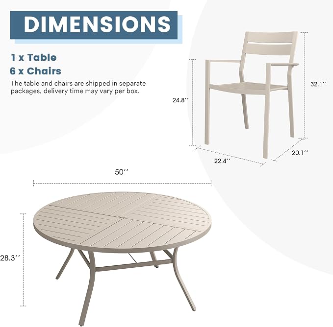 DIFY 7 Piece Outdoor Patio Dining Set for 6, 50" Round Dining Table with Umbrella Hole and Stackable Metal Chairs, Patio Table and Chairs Set for Backyard Garden Poolside, Sandshell