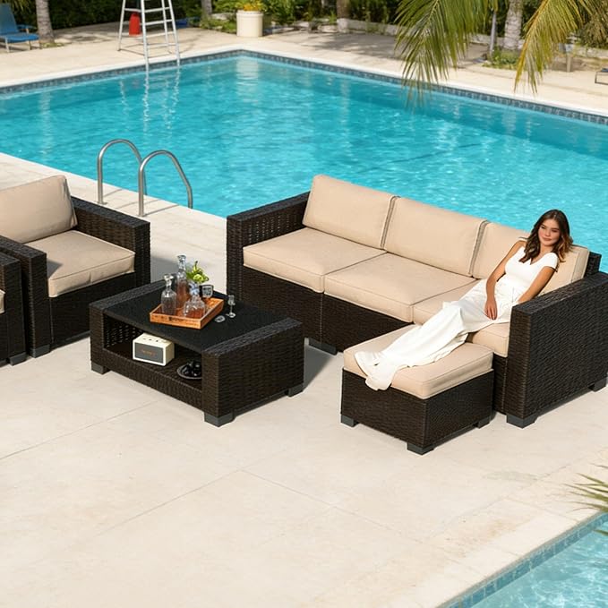 7 Piece Patio Furniture Set, Slanted Back Outdoor Sectional Sofa, Patio Conversation Sets with Cushion and Glass Table, Patio Sofa Furniture for Garden, Deck, Dark Brown Rattan & Khaki Cushions