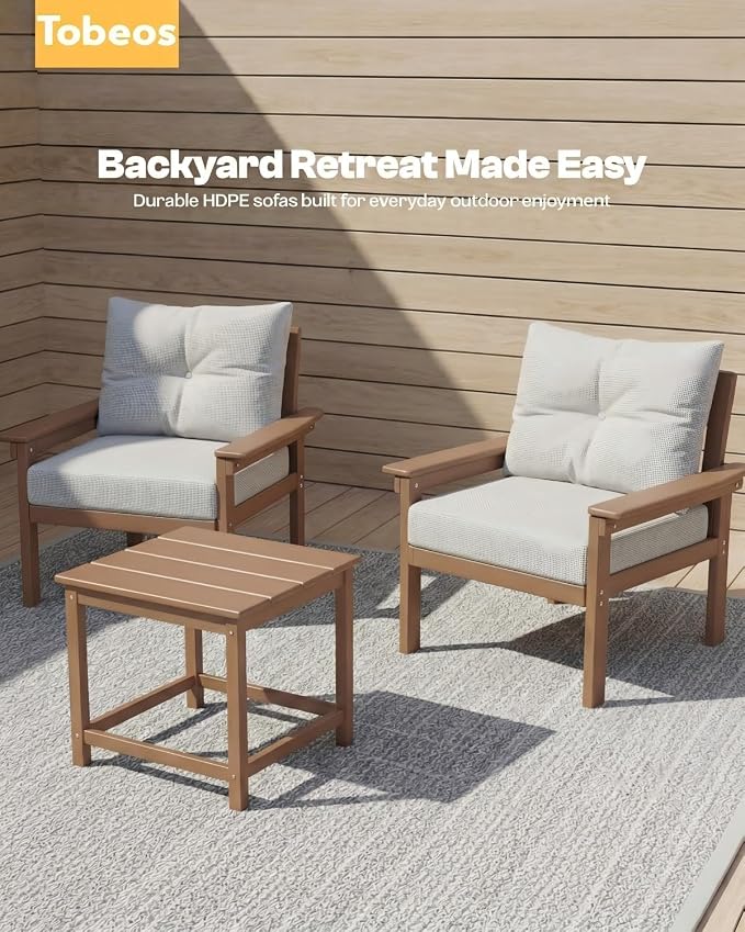 HDPE 3 Piece Patio Furniture Set, All-Weather Outdoor Couch Bistro Set with Thick Cushions & Side Table, Patio Conversation Sets for Lawn, Porch, Garden, Balcony, Deck, Poolside, Teak & Beige