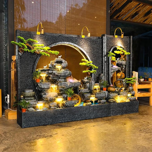 Outdoor Water Fountain with LED Light, Cement, Rockery Texture, 77L x 70H x 17W inches, for Living Room, Balcony, Dining Room, Garden Club,Housewarming Gift.Multiple Options(#A+B)