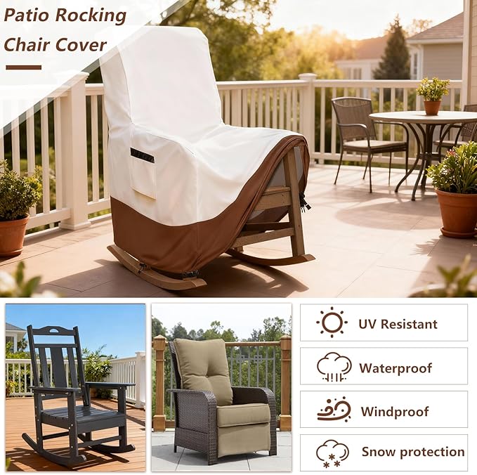 Outdoor Rocking Chair Covers, 600D Heavy Duty Waterproof Patio Recliner Chair Cover, Outdoor Furniture Covers Waterproof for Lawn/Garden Patio Rocking/Recliner Chair, Beige&Brown