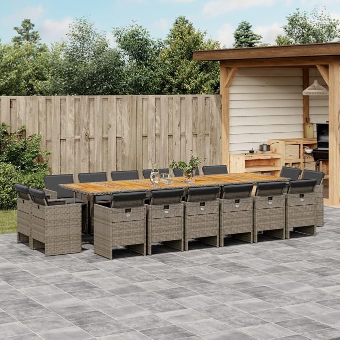 17-Piece Gray PE Rattan Outdoor Patio Dining Set with Cushions, Foldable Chairs & Acacia Wood Table for Backyard Garden Balcony Porch