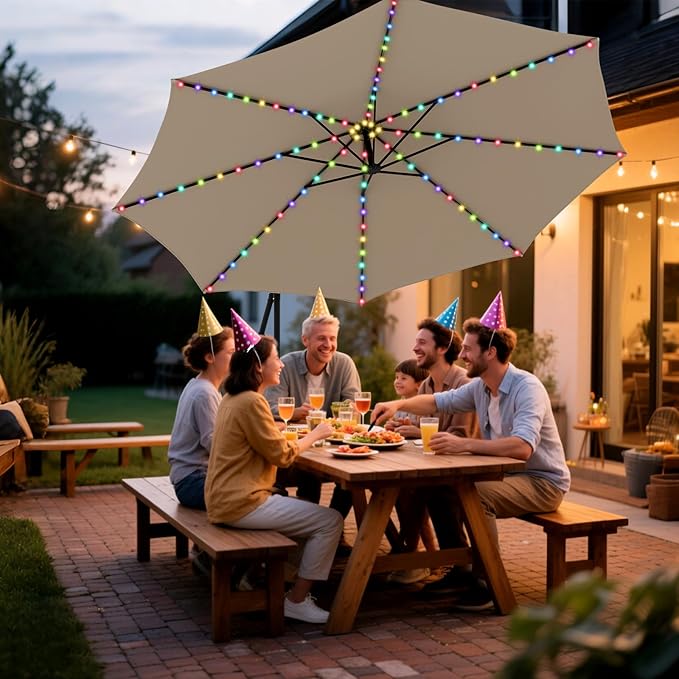HAPPYGRILL 10 FT Offset Hanging Umbrella with Multi-Colored Flowing LED Lights, 9 Light Modes, Outdoor Patio Cantilever Umbrella with Base, Easy Tilt, 360° Rotation, Crank