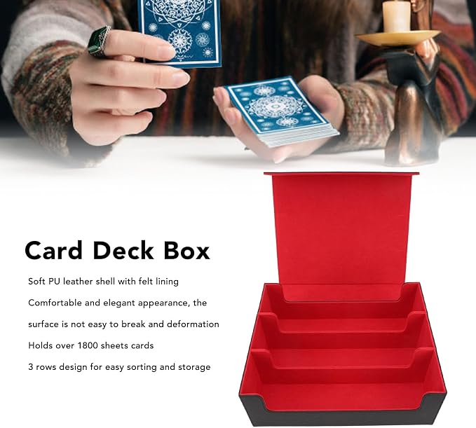 Card Deck Box 3 Rows Large Capacity, Magnetic Closure PU Leather Card Deck Storage for Game Cards Tarot Cards, 1800 Cards Deck Holder, Game Cards Storage Box (Black Shell with Red Lining)