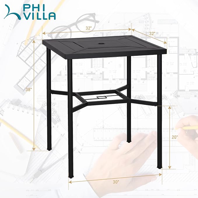 PHI VILLA Outdoor Bar Table 38" Height Patio Metal Bistro Dining Table Square with Umbrella Hole for Lawn Garden Backyard