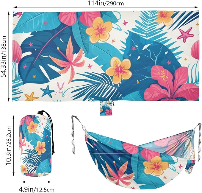 Tropical Leaves Red Hibiscus Flowers Starfish Hawaiian Style 330lb Capacity Camping Hammock Rope Hammock for Outside Patio Garden soporte para hamacas para adultos