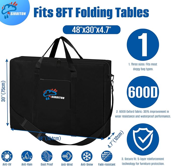SIRUITON Folding Table Storage Bag, Portable 600D WaterProof Carry Bag for Folding Picnic/Camp Tables with Reinforcing Plate & Shoulder Strap, 48" D x 30" W x4.7 H Fits 8FT Folding Tables（bag only）