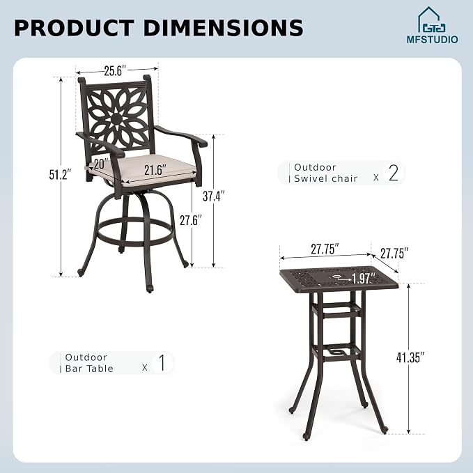MFSTUDIO 3 PCS Cast Aluminum Patio Bar Set, Square Outdoor Table with 2 Outdoor Swivel Bar Stools, Bar Height Outdoor Table and Chairs Set