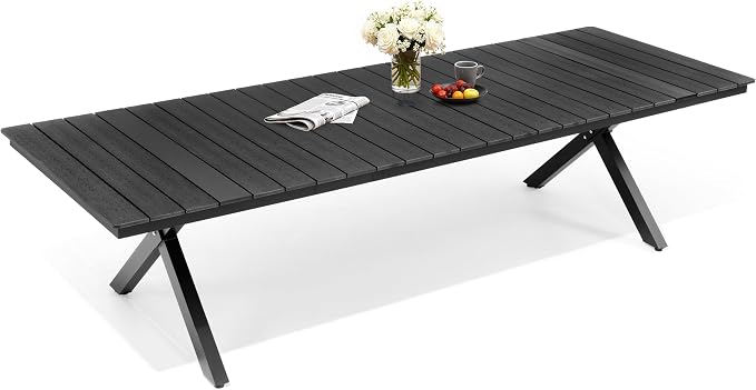 Pellebant 118" Outdoor Dining Table for 8-12, 10ft Aluminum Patio Table with Umbrella Hole, Weather Resistant Black Wood Grain Tabletop and Sturdy Frame for Deck, Porch, Backyard