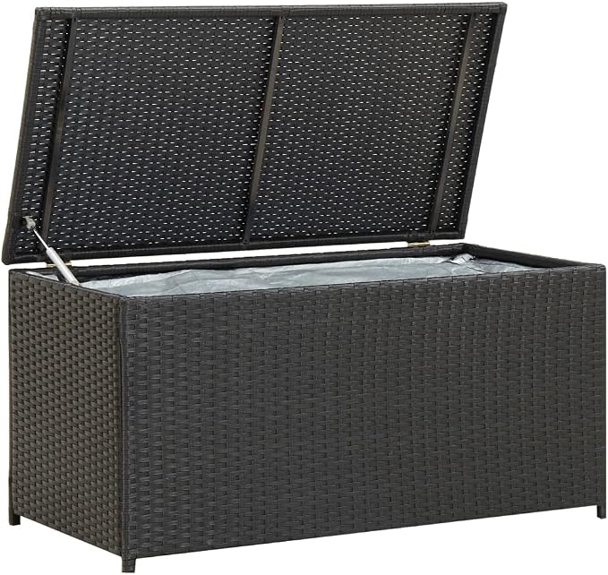 Wicker Outdoor Deck Box, Outdoor Garden Storage Box with Lid, PE Rattan Storage Container for Pillows, Cushions, Gardening Tools, 39.4"x19.7"x19.7" Black