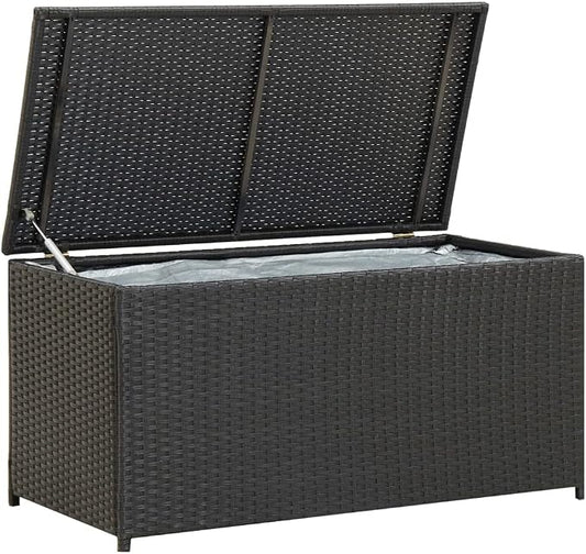Wicker Outdoor Deck Box, Outdoor Garden Storage Box with Lid, PE Rattan Storage Container for Pillows, Cushions, Gardening Tools, 39.4"x19.7"x19.7" Black