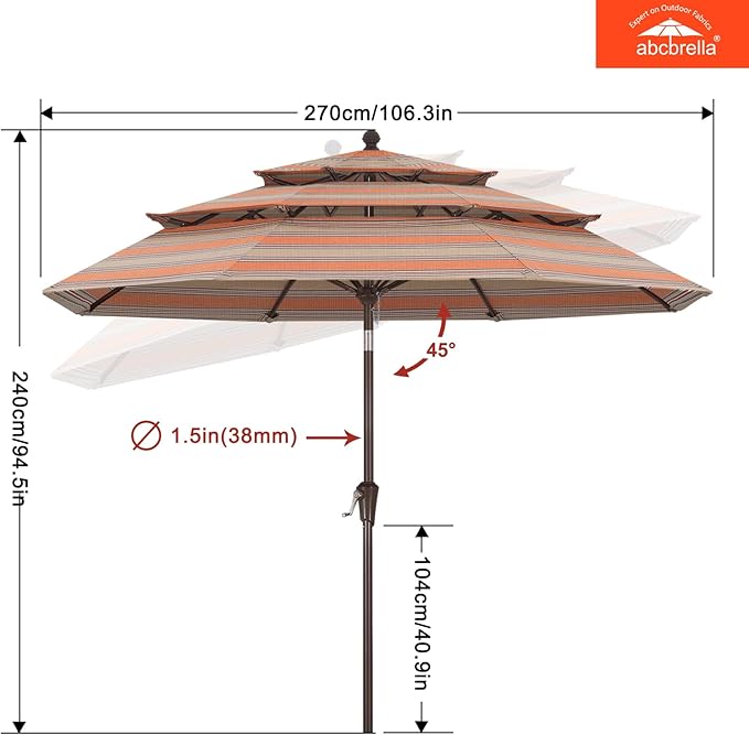 ABCCANOPY 5-Year 10-Year No Fading 9FT 3 Tiers Patio Umbrella, Outdoor Table Umbrella with 8 Sturdy Ribs for Deck, Backyard, Garden, Yard