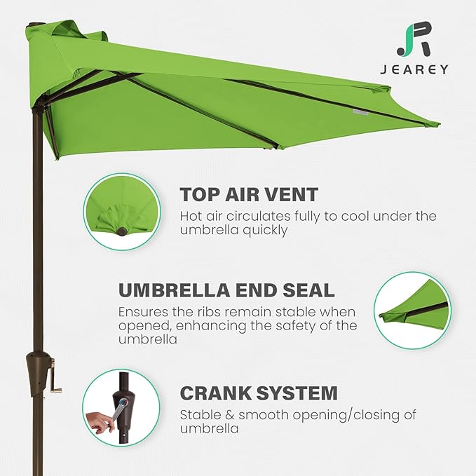 JEAREY 9ft Half Umbrella Outdoor Patio Umbrella Market Umbrellas with Crank, 1/2 Round Wall Umbrella 5 Sturdy Ribs UV Protection for Pool Garden Balcony Deck, Grass Green