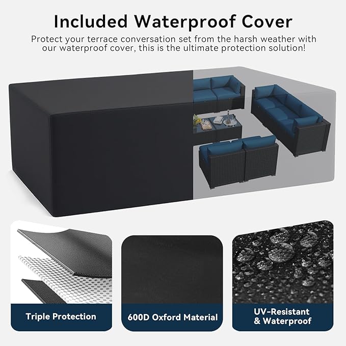 LazySunsets 14 Piece Outdoor Patio Furniture Set with Coffee Table, Outdoor Patio Furniture Set with Waterproof Cover, Wicker Rattan Outdoor Conversation Set for Backyard & Garden, Peacock Blue