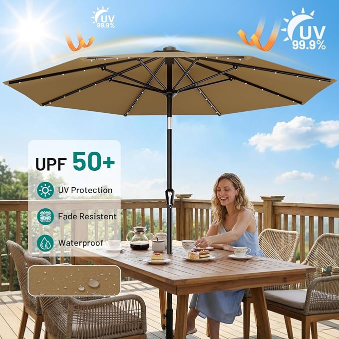 AreShark 9FT Patio Umbrella with Solar Lights, 32 Lighted Pool Umbrella w/Tilt and Crank, Outdoor Market Solar Umbrellas for Garden, Deck, Backyard, Pool and Beach, Khaki