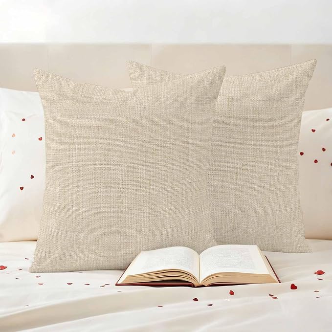 Vintage Cream Waterproof Outdoor Pillow Covers 18''x18'' Set of 2, Farmhouse Retro Beige Patio Furniture Linen Texture Cushion Covers for Chairs, Decorative Solid Color Pillow Cases for Garden/Pool