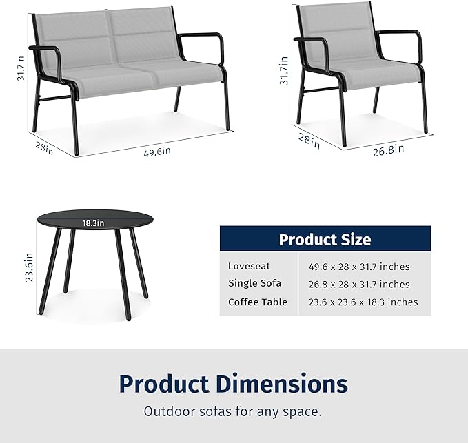 East Oak 4 Seats Outdoor Furniture Set, Waterproof Patio Furniture Set, Patio Loveseat with Coffee Table for Porch or Garden, 4-Piece Patio Conversation Sets for Balcony, Upgrade Grey