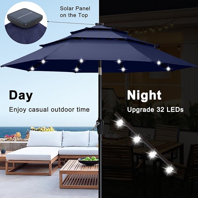 ABCCANOPY Solar Led Patio Umbrella 3-Tiers 11FT (Tibetan Blue)