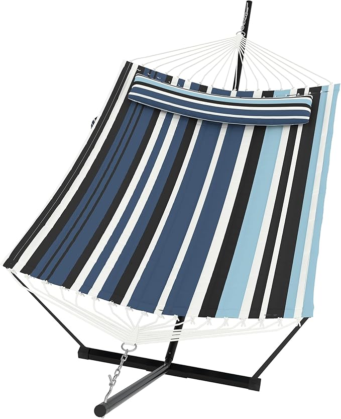 2 Person Double Hammock with Stand & Pillow, 450 LBS Heavy Duty Outdoor Hammock with Balance Rope for Patio Backyard Poolside