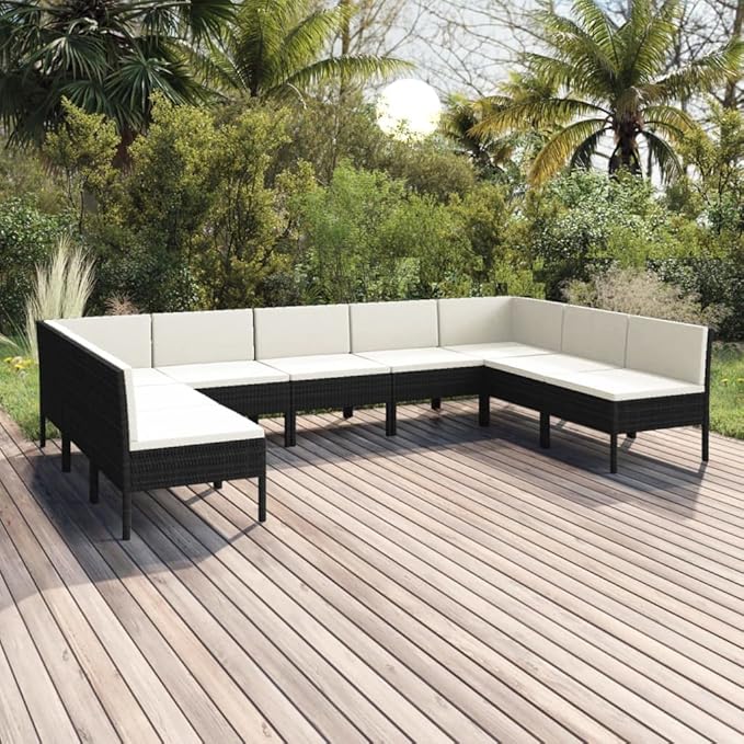Patio Lounge Set with Cushions,Patio Furniture Sets,Patio Conversation Sets,Outdoor Furniture Sets,for Garden,Backyard,Outdoor,9 Piece Poly Rattan Black