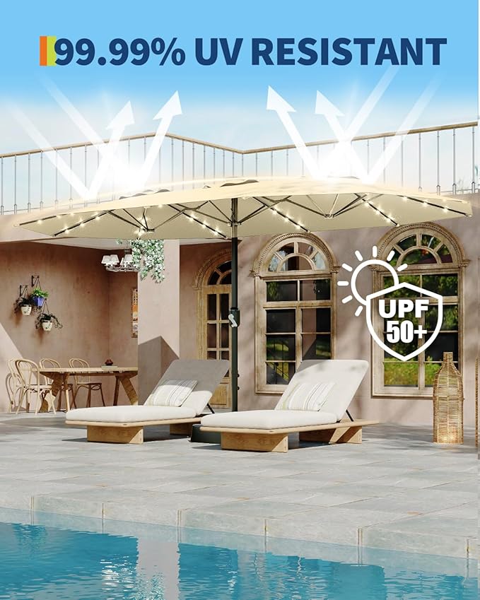 GarveeLife 15 ft Large Patio Umbrella with Lights, 36 LED Lights Double-sided Patio Umbrella with Weighted Base for Poolside Garden Backyard