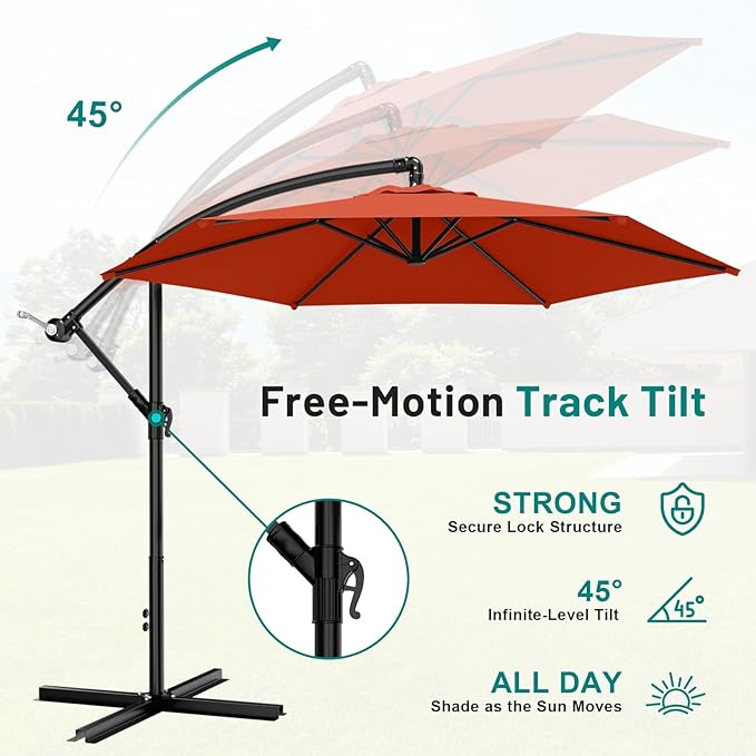 AreShark 10FT Patio Outdoor Umbrella, Offset Patio Umbrella Cantilever Umbrella, 6 Sturdy Ribs, Easy Adjustment for Garden Market Pool with Cross Base (Orange)