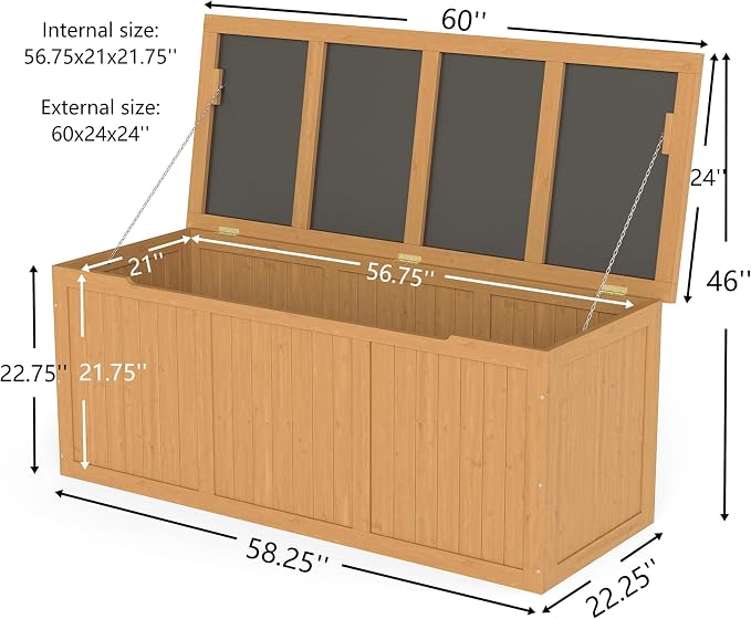 Domesto 112 Gallon Extra-Large Outdoor Deck Box, Solid Wood Storage Box Seat & Table Top, For Patio Cushions, Pool, Garden Tools (Light Brown, 112 Gallon)