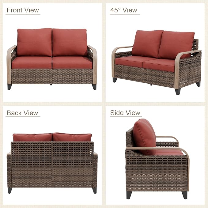 Modern Wicker Patio Furniture Set, Rattan Outdoor Conversation Set with Comfortable Cushions, 2 Seat Loveseat and 2 Ottomans, 3 Pieces, Brown/Red