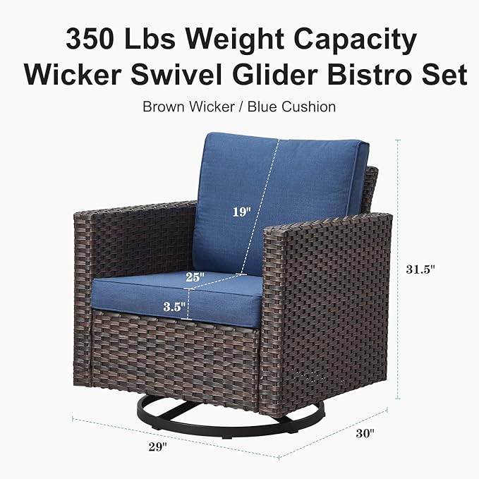 Belord Wicker Chairs Outdoor Bistro Set Oversize Patio Swivel Rocker, Rattan Outdoor Seating Set of 2 Swivel Glider Chairs Wicker Furniture for Porch Deck Backyard with Water-Resistant Cushion Brown