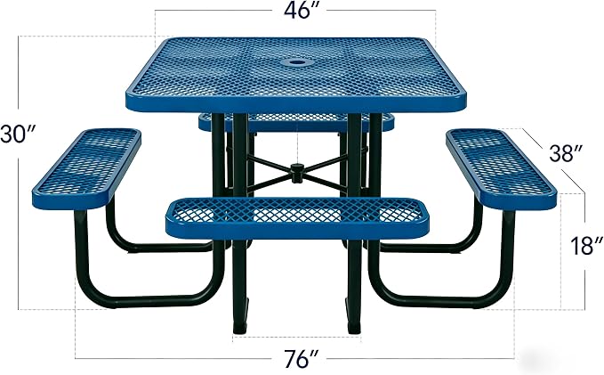Garvee Heavy Duty Metal Picnic Tables for Outdoors with Umbrella Hole, 46" Square Top Patio Table Coated Steel Commercial Grade Furniture Set Weather & Rust Resistant (Expanded Steel, Blue)