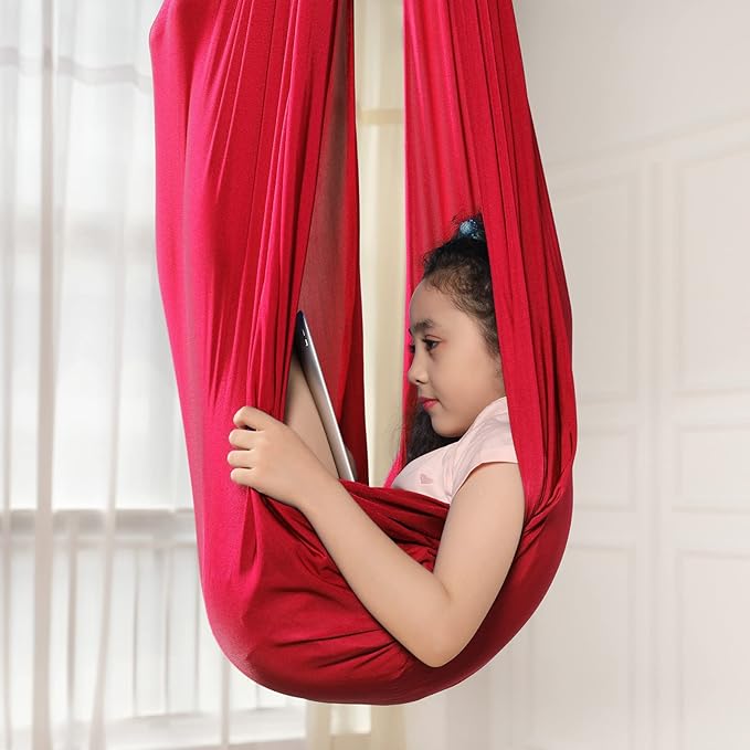 Kids Sensory Therapy Swing Hammock Children's Swing Hammock Indoor Elastic Cuddle Pod Swing for Autism Boys Girls with ADHD SPD Asperger's Sensory Integration Special Needs (Red)