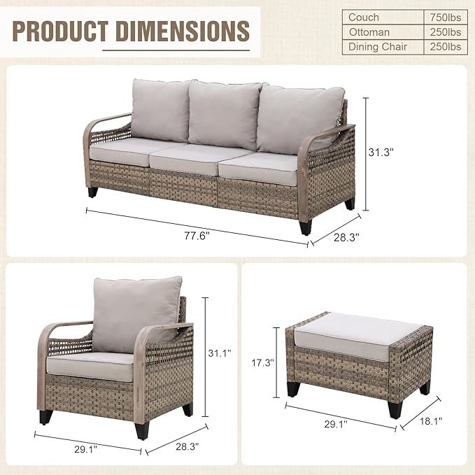 Modern Wicker Patio Furniture Set, Rattan Outdoor Conversation Set with Comfortable Cushions, 2 Patio Chairs, 3 Seat Couch and 2 Ottomans, 5 Pieces, Brown/Gray