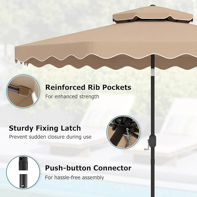Happygrill 10 FT Patio Umbrella, Scalloped Outdoor Table Market Umbrella with Push Button Tilt & Crank, 2-Tier Vented Top, Heavy-Duty 8 Metal Ribs, Sun-Protective Canopy, Ruffle for Deck Pool Garden (Brown)