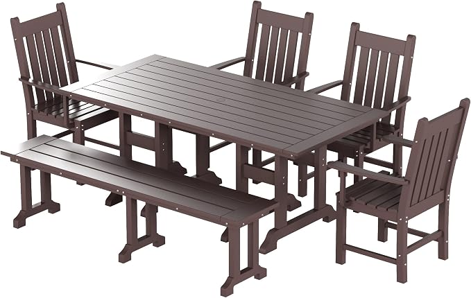 WO Home Furniture Adirondack Patio Dining Chair Table Bench Set of 6 PCS Rectangle Dinner Table Dining Arm-Chairs (Dark Brown)