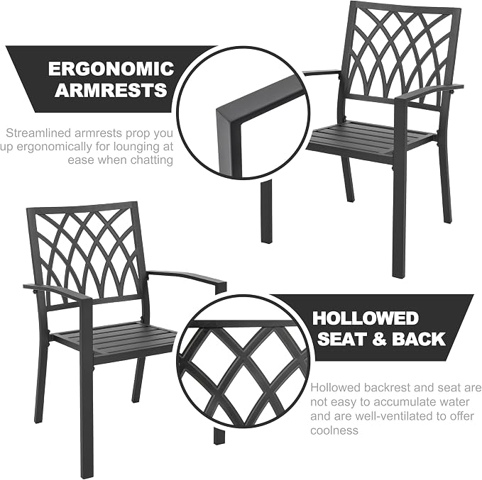 NUU GARDEN 5-Piece Outdoor Dining Set, 4 Stackable Chairs & 37" Square Table with Umbrella Hole and Faux Wood Tabletop, Weather-Resistant Furniture for Patio Deck Yard Garden, Black