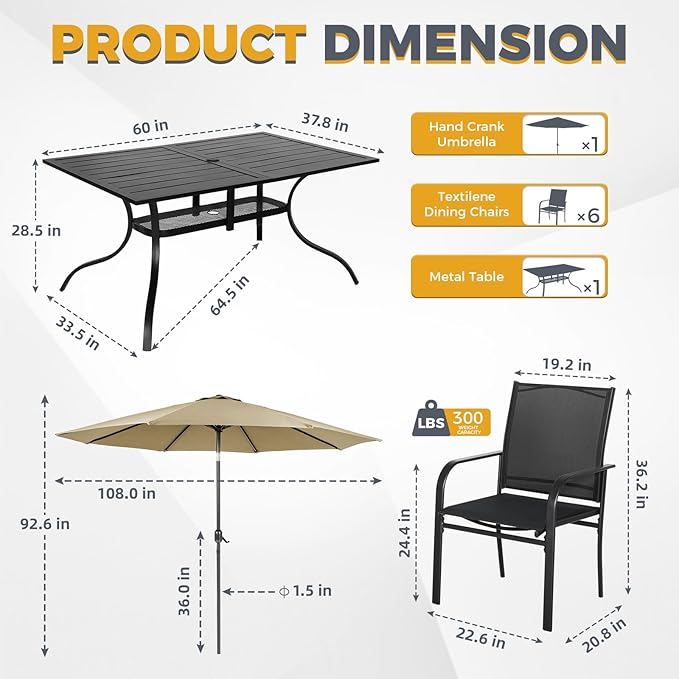 Incbruce 8 Pieces Patio Dining Set with Brown Umbrella, Outdoor Dining Set of 6 Textilene Chairs and Rectangle Table with Umbrella Hole for Backyard, Garden, and Poolside (Black)