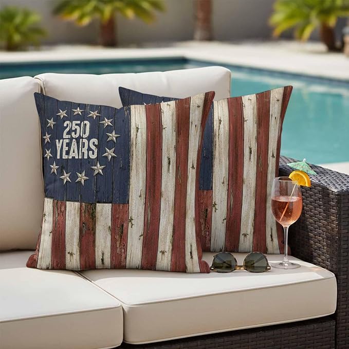 250 Year Anniversary USA Outdoor Waterproof Throw Pillow Covers 24"x24" Set of 2, 4th of July Vintage Wood Decorative Garden Pillowcase with Zipper Cushion Case for Patio Couch Tent