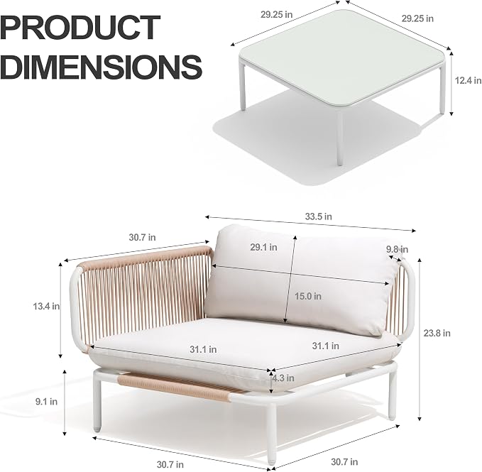 5-Piece Modern Outdoor Sectional Sofa with Coffee Table - 31" Deep Seating Patio Conversation Set, Weather-Resistant Low-Profile 11" Seat Height Lounge Seats for Deck, Porch & Backyard, Beige