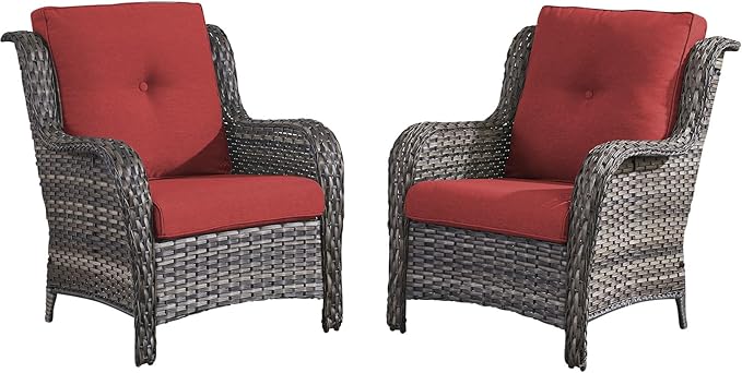 Belord Patio Chairs Set of 2-300 LBS Weight Capacity Outdoor Wicker Chairs with High Backrest Removable Cushion, All Weather Outdoor Seating Rattan Dining Chairs for Porch Balcony Backyard Grey