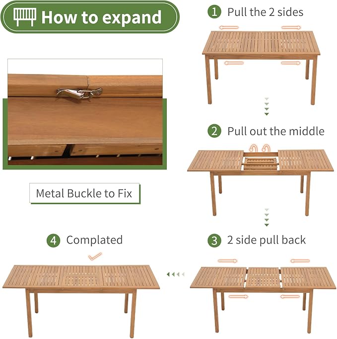 OC Orange-Casual 7 Piece Patio Dining Set, Outdoor Acacia Wood Furniture Set w/Extendable Rectangular Table and 6 Foldable Reclining Chair, Solid Wood, for Deck Garden Backyard, Dark Grey