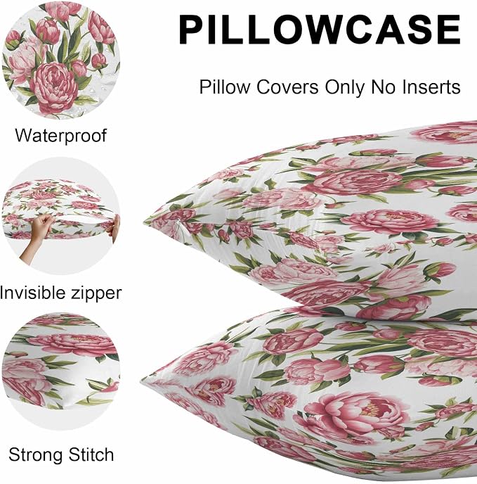 Pink Floral Outdoor Pillow Covers 24x24 Inch Throw Pillow Covers Set of 2 Waterproof Decorative Pillow Cases Pastoral Botanical Leaves Farmhouse Rustic Cushion Covers for Patio Furniture Garden Couch